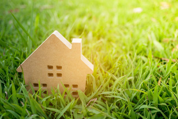 istock Closed up tiny home model on green grass with sunlight background. 1221728688