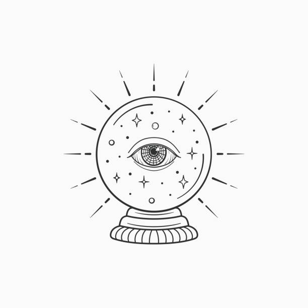 ilustraciones, imágenes clip art, dibujos animados e iconos de stock de futuro de bola de cristal mágico. bruja y símbolo mágico, ilustración vectorial monocroma, aislado sobre fondo blanco - fortune teller