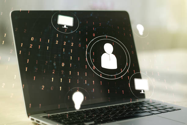 istock Double exposure of social network icons concept with computer on background. Networking concept 1221731408
