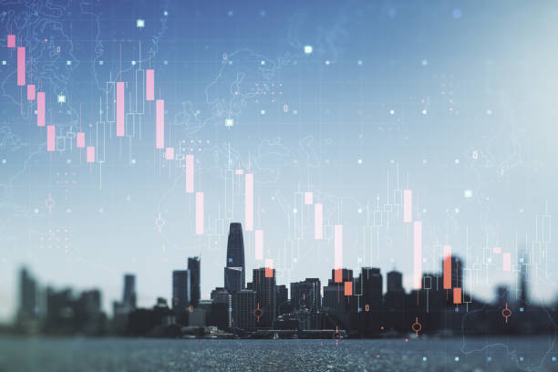 istock Abstract virtual crisis chart illustration on San Francisco skyline background. Global crisis and bankruptcy concept. Multiexposure 1221731663