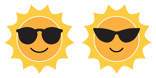 Vector illustration of two cute smiling sun faces wearing sunglasses.
