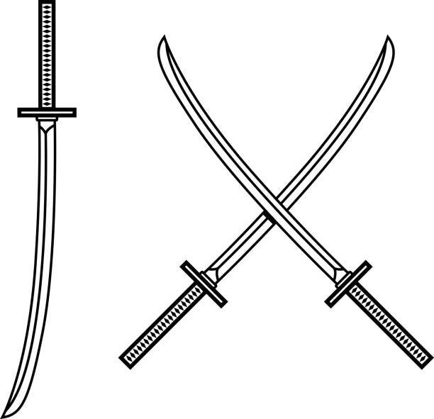 ilustrações, clipart, desenhos animados e ícones de ilustração de espadas de katana japonesa cruzadas em estilo gravura. elemento de design para rótulo, emblema, sinal. ilustração vetorial - blade war traditional culture japanese culture