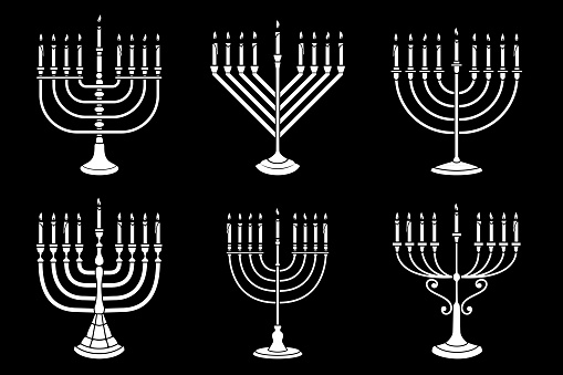 Set of Illustrations of Hanukkah candle in engraving style isolated on white background. Design element for poster, card, banner, sign, emblem. Vector image