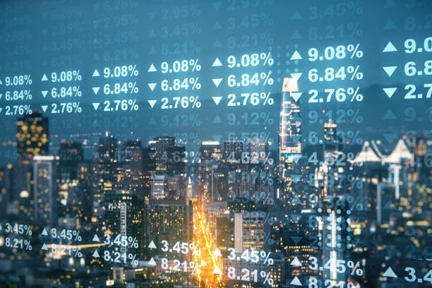 istock Multi exposure of stats data illustration on San Francisco city skyline background, computing and analytics concept 1221733435