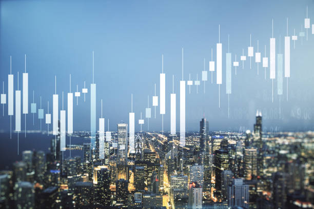 Multi exposure of virtual abstract financial graph interface on Chicago cityscape background, financial and trading concept