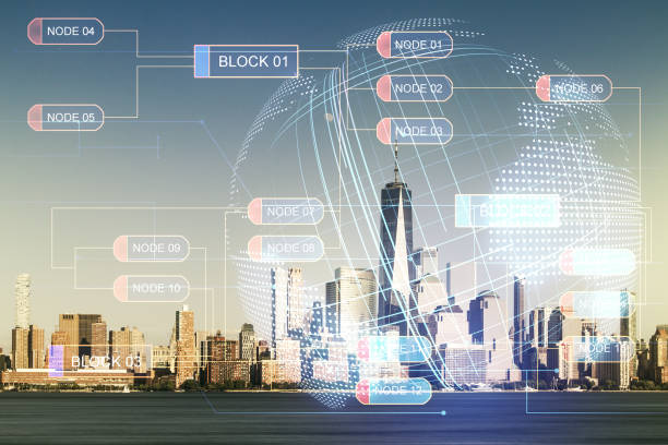 istock Double exposure of abstract creative programming illustration and world map on New York city office buildings background, big data and blockchain concept 1221734285