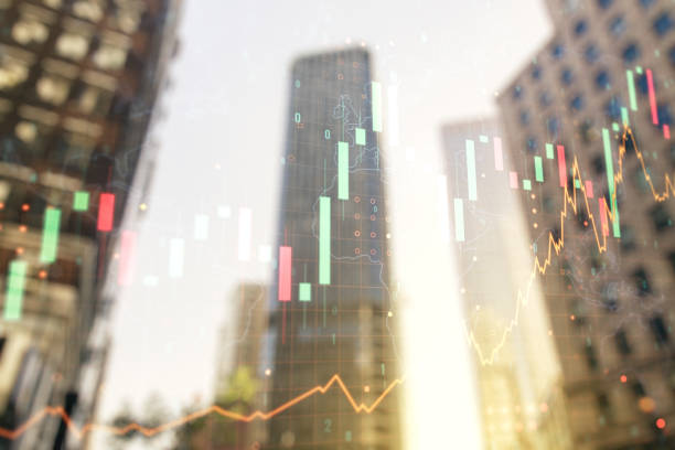 istock Double exposure of abstract financial chart with world map on office buildings background, research and analytics concept 1221734317
