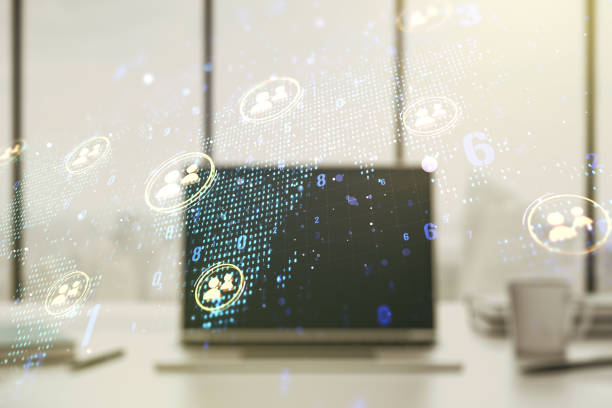 istock Double exposure of social network icons concept with world map and computer on background. Networking concept 1221735277
