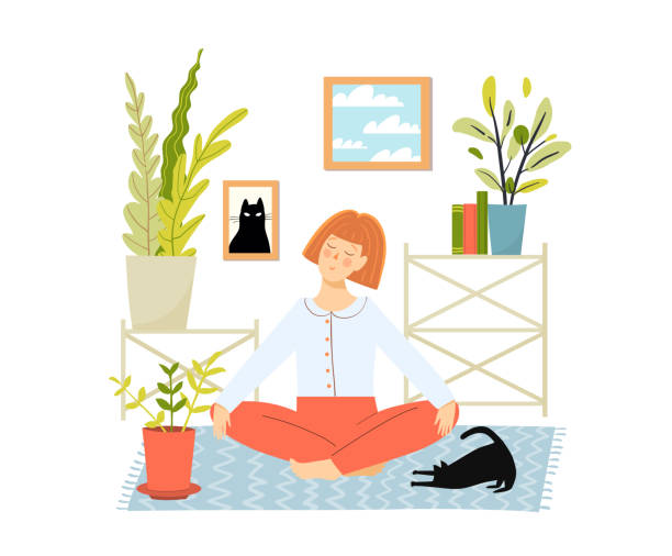 ilustrações de stock, clip art, desenhos animados e ícones de woman or young lady meditation in lotus pose on floor yoga mat with funny black cat. happy at home and solitude concept. - vector solitude spirituality contemporary