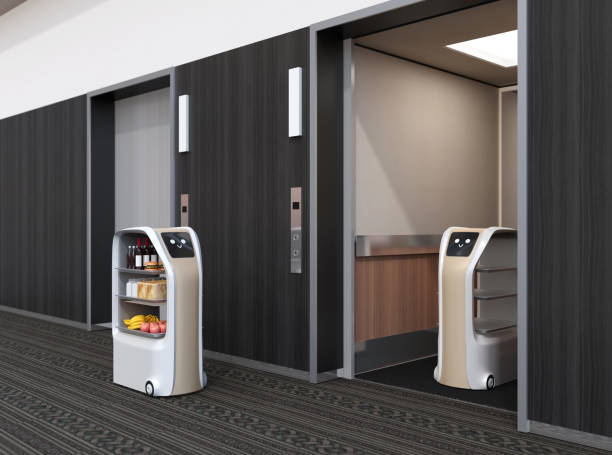 Delivery robot in elevator, another one carry food moving in the hall