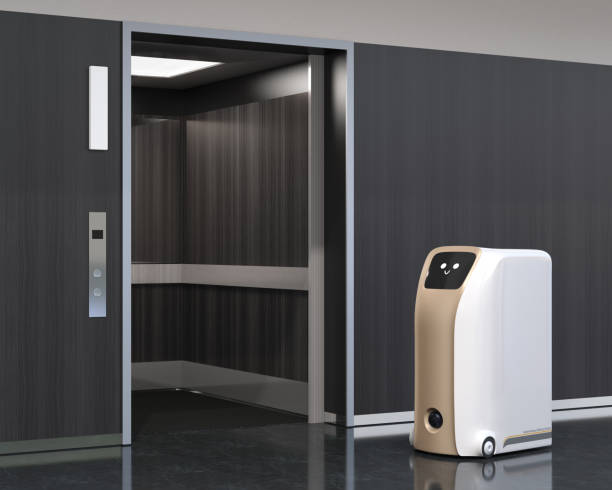 istock Delivery robot waiting to enter elevator in lobby or hotel 1221736872