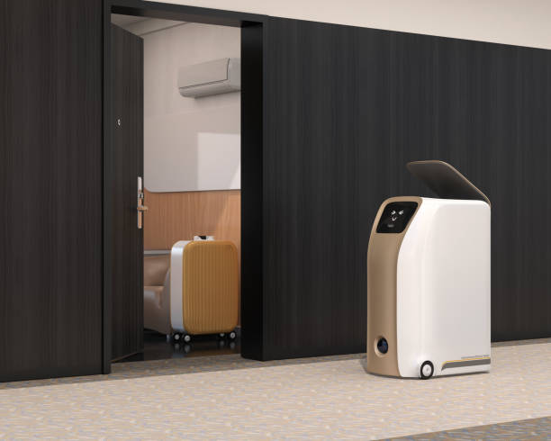 istock Delivery robot stopped beside room in hotel waiting for pick up 1221736883