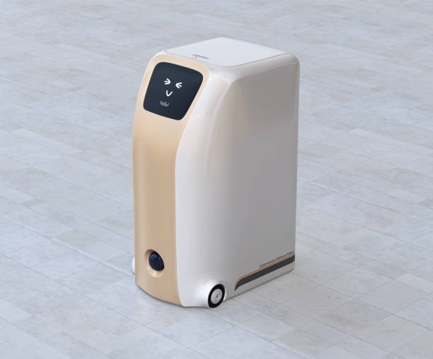 istock Delivery robot with cute smile icon on touch screen 1221736901