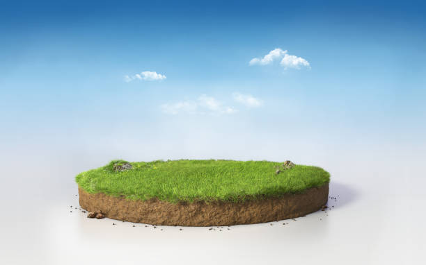 istock Fantasy 3D rendering circle podium grass field, paradise round soil mockup cross section isolated on surrealism sunny morning 1221737989