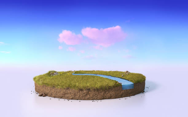istock Fantasy 3D rendering circle podium grass field with river, surreal round soil cutaway isolated on pastel purple evening sky 1221737990