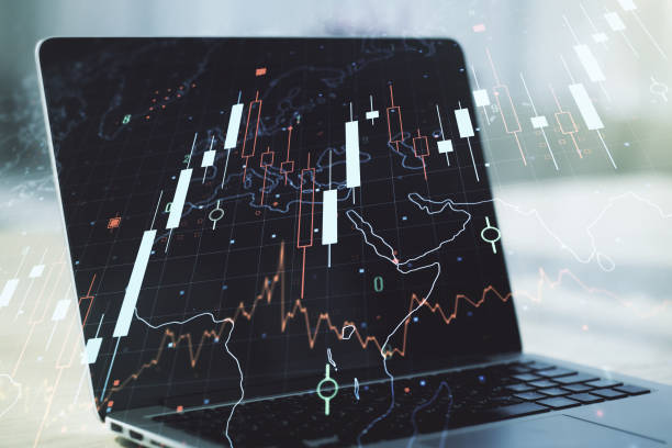 istock Double exposure of abstract creative financial diagram with world map on computer background, banking and accounting concept 1221738786
