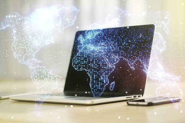 istock Multi exposure of abstract creative digital world map on laptop background, research and analytics concept 1221738795