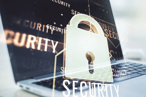 istock Creative idea concept with lock symbol and microcircuit illustration on modern laptop background. Protection and firewall concept. Multiexposure 1221738818