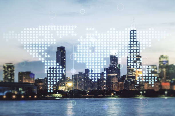 istock Abstract creative world map interface on Chicago skyline background, international trading concept. Multiexposure 1221738943