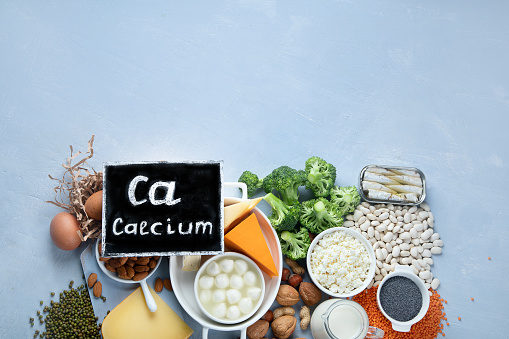 Calcium Rich Foods for Healthy diet eating and For Immune Boostig. Top view with copy space