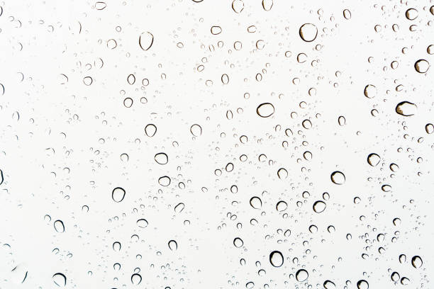 gouttes de pluie sur un verre, fond blanc abstrait. - wet surface photos et images de collection