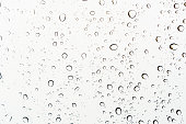 Raindrops on a glass, abstract white background.