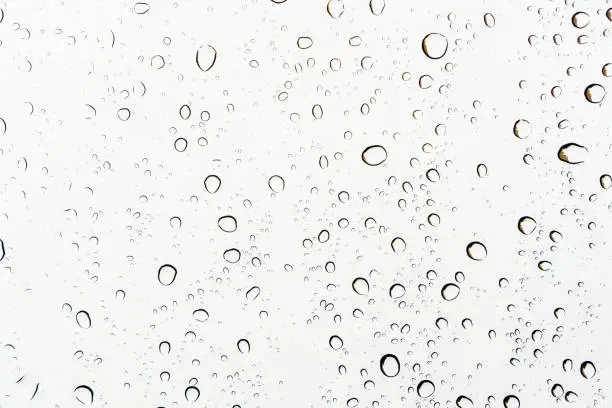 Photo of Raindrops on a glass, abstract white background.