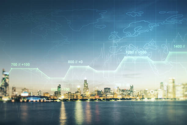 istock Multi exposure of creative statistics data hologram on Chicago skyscrapers background, stats and analytics concept 1221739973