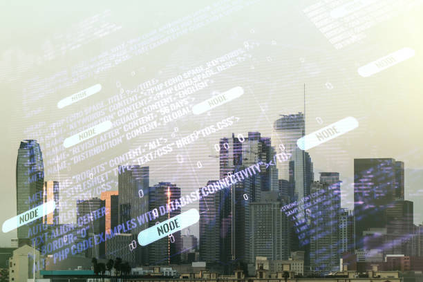 istock Multi exposure of abstract programming language hologram and world map on Los Angeles office buildings background, artificial intelligence and neural networks concept 1221740000