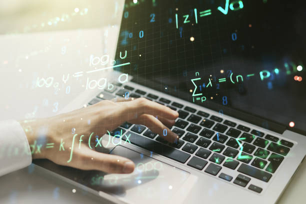 istock Double exposure of creative scientific formula concept with hands typing on laptop on background, research and development concept 1221740088
