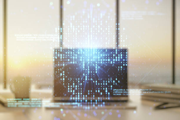 istock Creative concept of code skull illustration on modern laptop background. Hacking and phishing concept. Multiexposure 1221741031