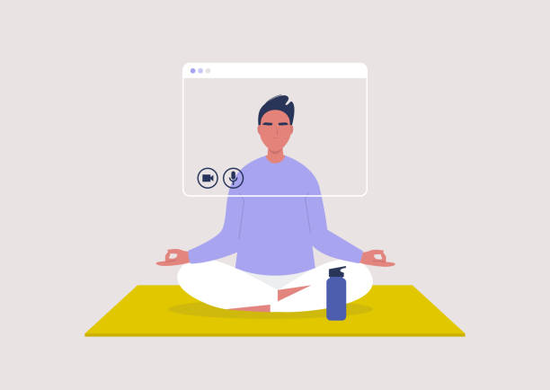 illustrazioni stock, clip art, cartoni animati e icone di tendenza di lezione di yoga online, tutorial di meditazione, soggiorno a casa ordine, giovane personaggio maschile seduto in una posizione yoga - yoga meeting