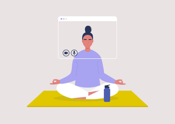 illustrazioni stock, clip art, cartoni animati e icone di tendenza di lezione di yoga online, tutorial di meditazione, soggiorno a casa ordine, giovane personaggio femminile seduto in una posizione yoga - yoga meeting