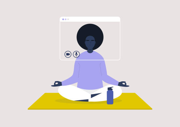 illustrazioni stock, clip art, cartoni animati e icone di tendenza di lezione di yoga online, tutorial di meditazione, soggiorno a casa ordine, giovane personaggio femminile nero seduto in una posizione yoga - yoga meeting