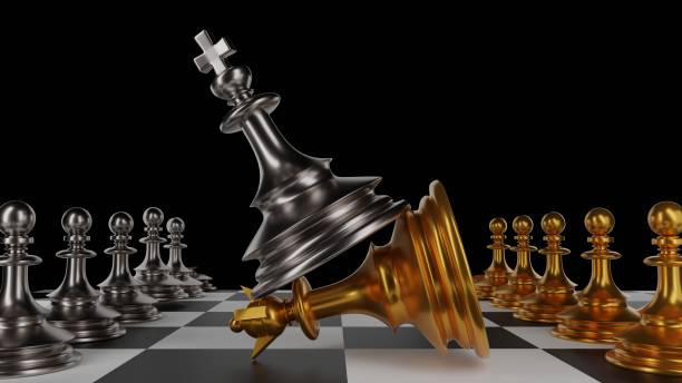 istock The King in battle chess game stand on chessboard with black isolated background. Concept business strategy, planning and decision.3d rendering. 1221743848