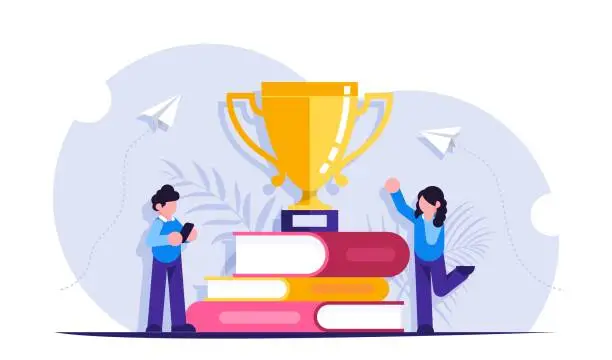 Vector illustration of Concept of learning. People received a cup award for studying books. Modern flat vector illustration.