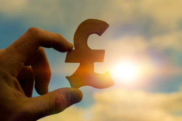 British pound sterling symbol in businessman hand on sunset background