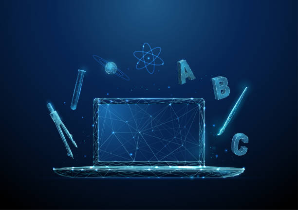 ilustrações de stock, clip art, desenhos animados e ícones de low poly online learning and distance education concept - physics classroom teaching professor