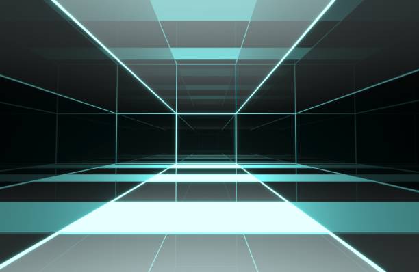istock Square room With a mirrored wall around With lights and lasers Reflection around the room In the perspective view. 3D render, 3D rendering 1221750947