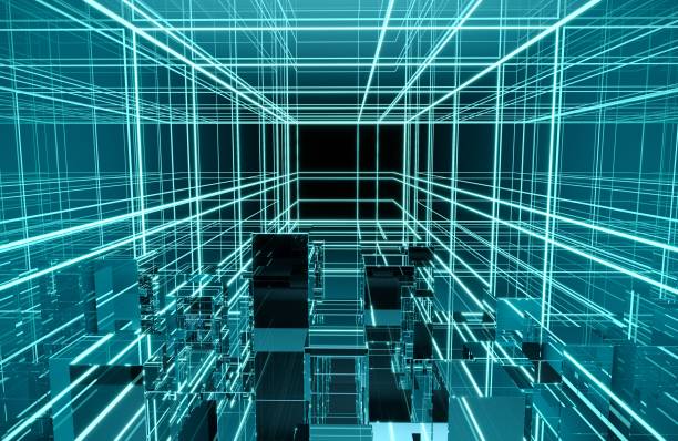 istock Square room With a mirrored wall around With lights and lasers Reflection around the room In the perspective view. 3D render, 3D rendering 1221750953