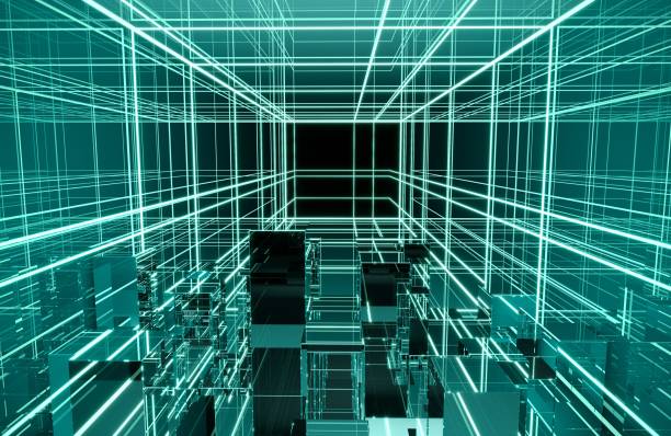 istock Square room With a mirrored wall around With lights and lasers Reflection around the room In the perspective view. 3D render, 3D rendering 1221750954