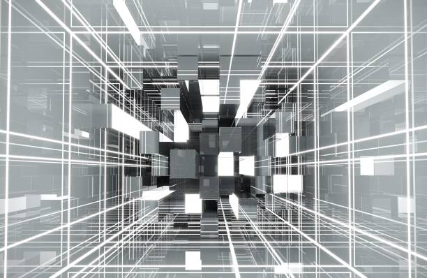 istock Square room With a mirrored wall around With lights and lasers Reflection around the room In the perspective view. 3D render, 3D rendering 1221750958