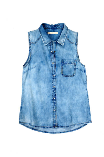 istock Blue casual denim shirt on white background 1221751508