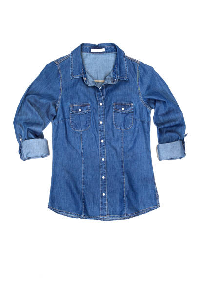 istock Blue casual women's denim shirt on white background 1221751527