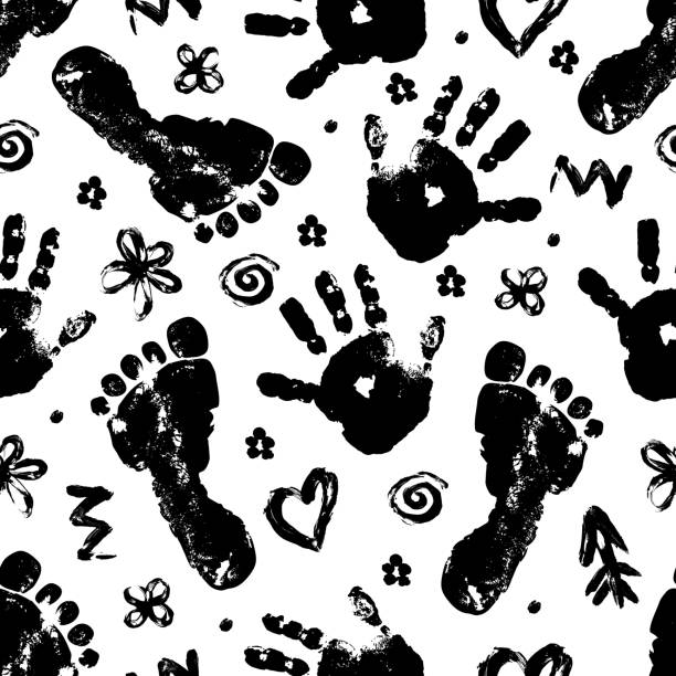 ilustrações de stock, clip art, desenhos animados e ícones de imprint of baby palm and foot vector seamless pattern. black beautiful set of elements - foot wraps