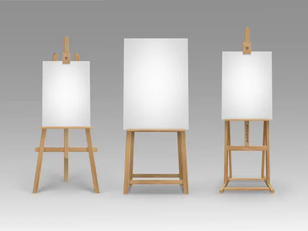 Vector illustration of Set of Brown Wooden Easels with Blank Canvases