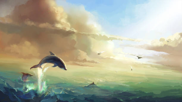 istock The sea under the sun, jumping dolphins, digital illustration. 1221759262