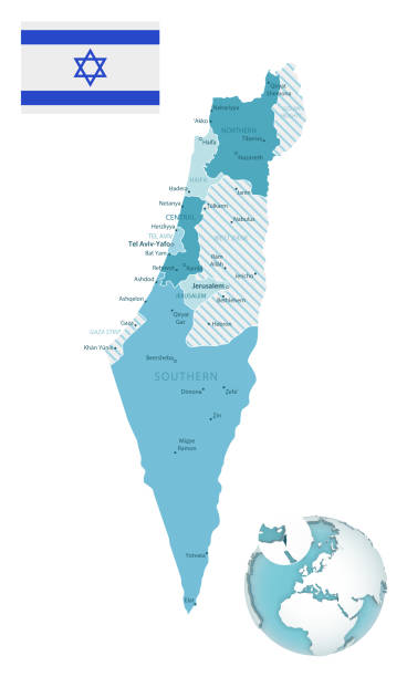 израиль административной сине-зеленой карте с флагом страны и расположение на глобусе. - israel map cartography jerusalem stock illustrations