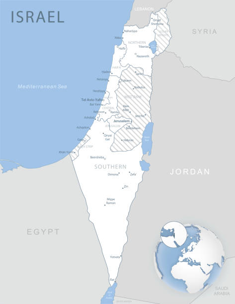 сине-серая подробная карта израиля и административных подразделений и местоположений на земном шаре. - israel map cartography jerusalem stock illustrations