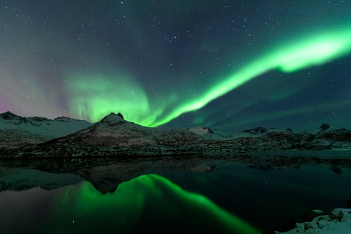 Northern Lights, polar light or Aurora Borealis in the night sky over the Lofoten islands in Northern Norway. Wide panoramic image with snow covered mountains and a lake in the foreground.